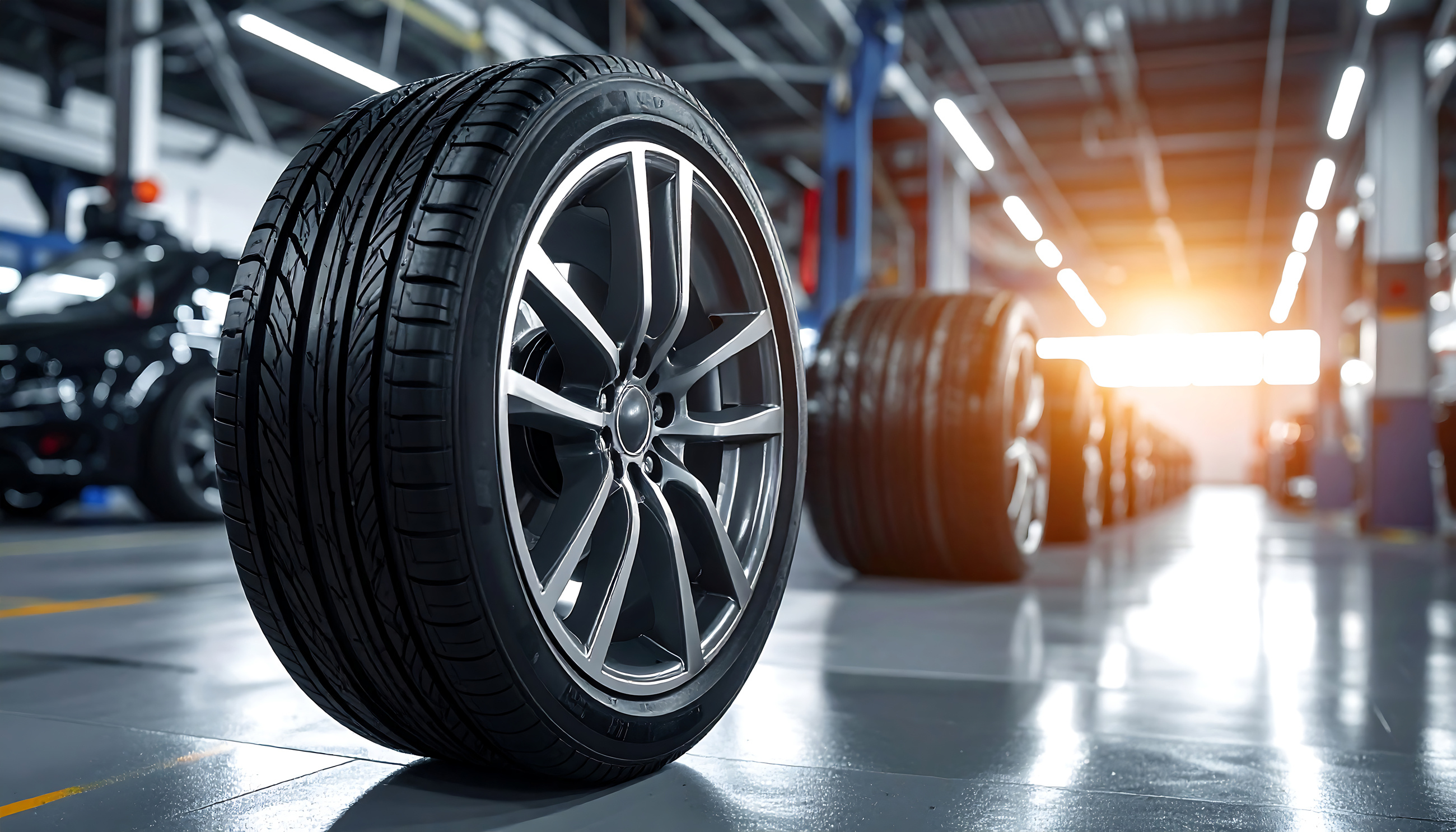 車のホイールを主題にしたビジネスバナー用のクリーンで洗練されたガレージ風景