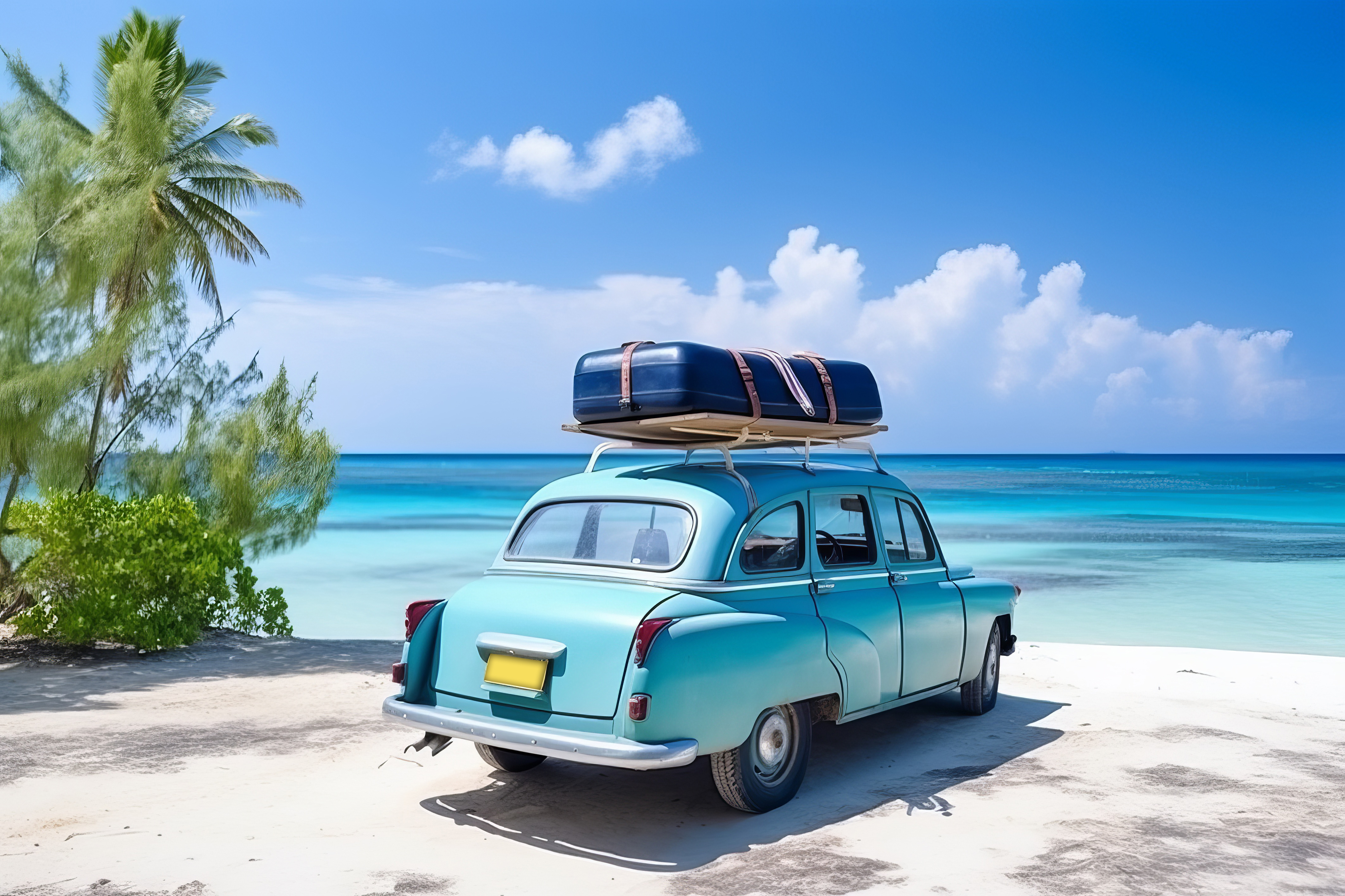 Old vintage car loaded with luggage on the roof arriving on beach with beautiful sea view. Summer travel concept background. Illustration AI