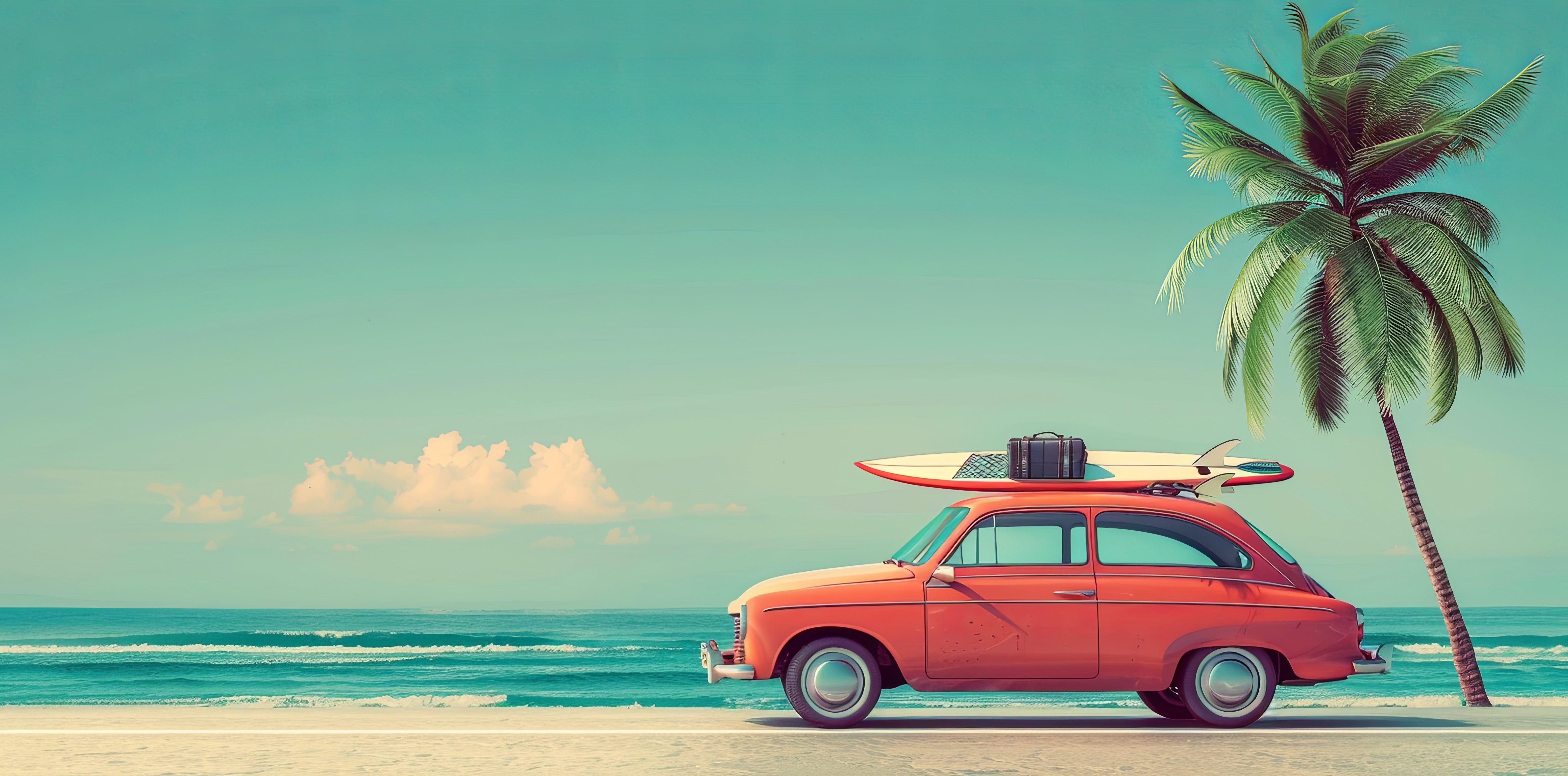 Vintage car with luggage and surfboard on the beach near palm tree against blue sky. summer