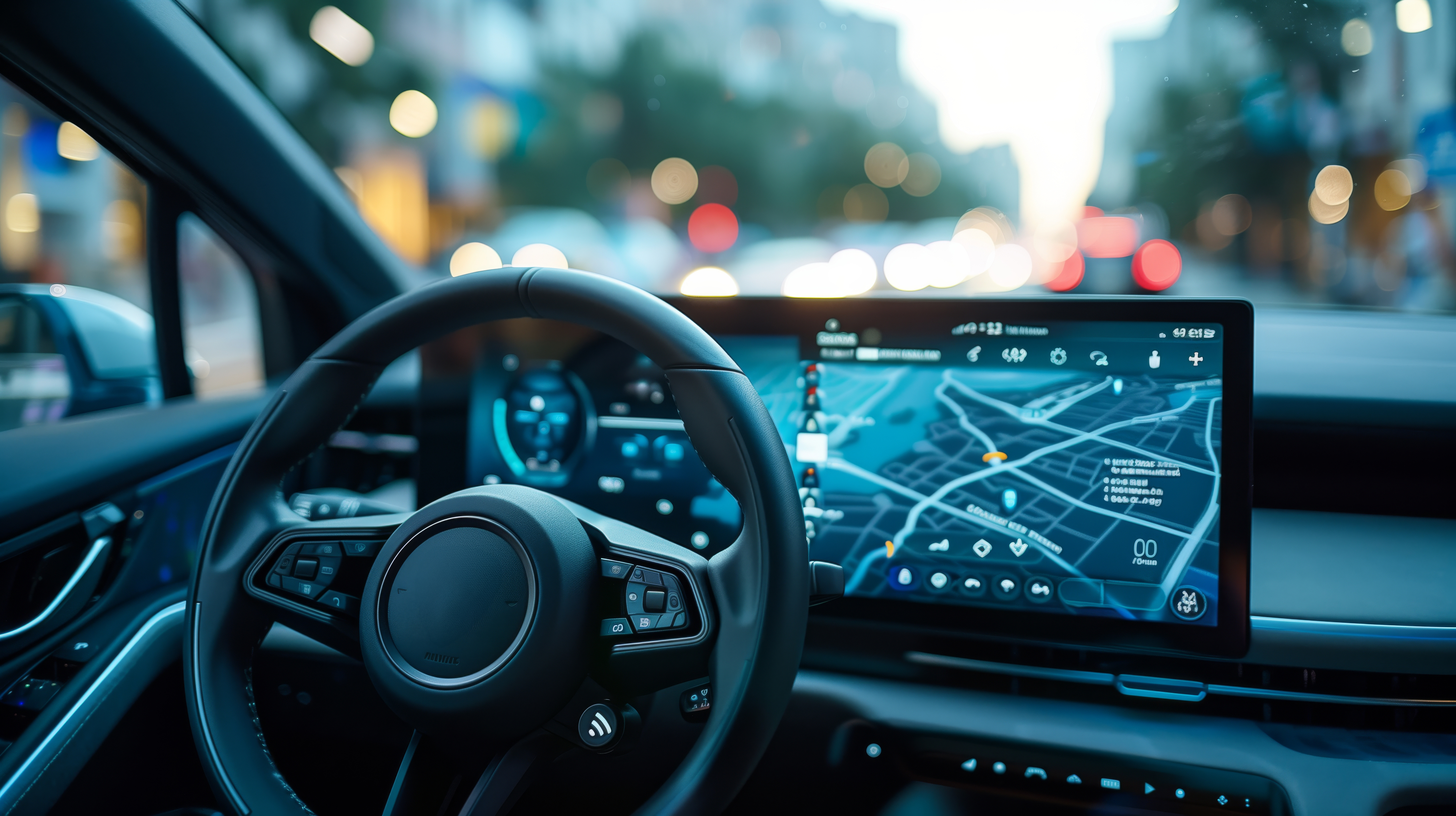 Interactive Car Navigation and Infotainment System. Driver interacts with a car's navigation and infotainment system, with detailed maps and vehicle settings on a large touchscreen.